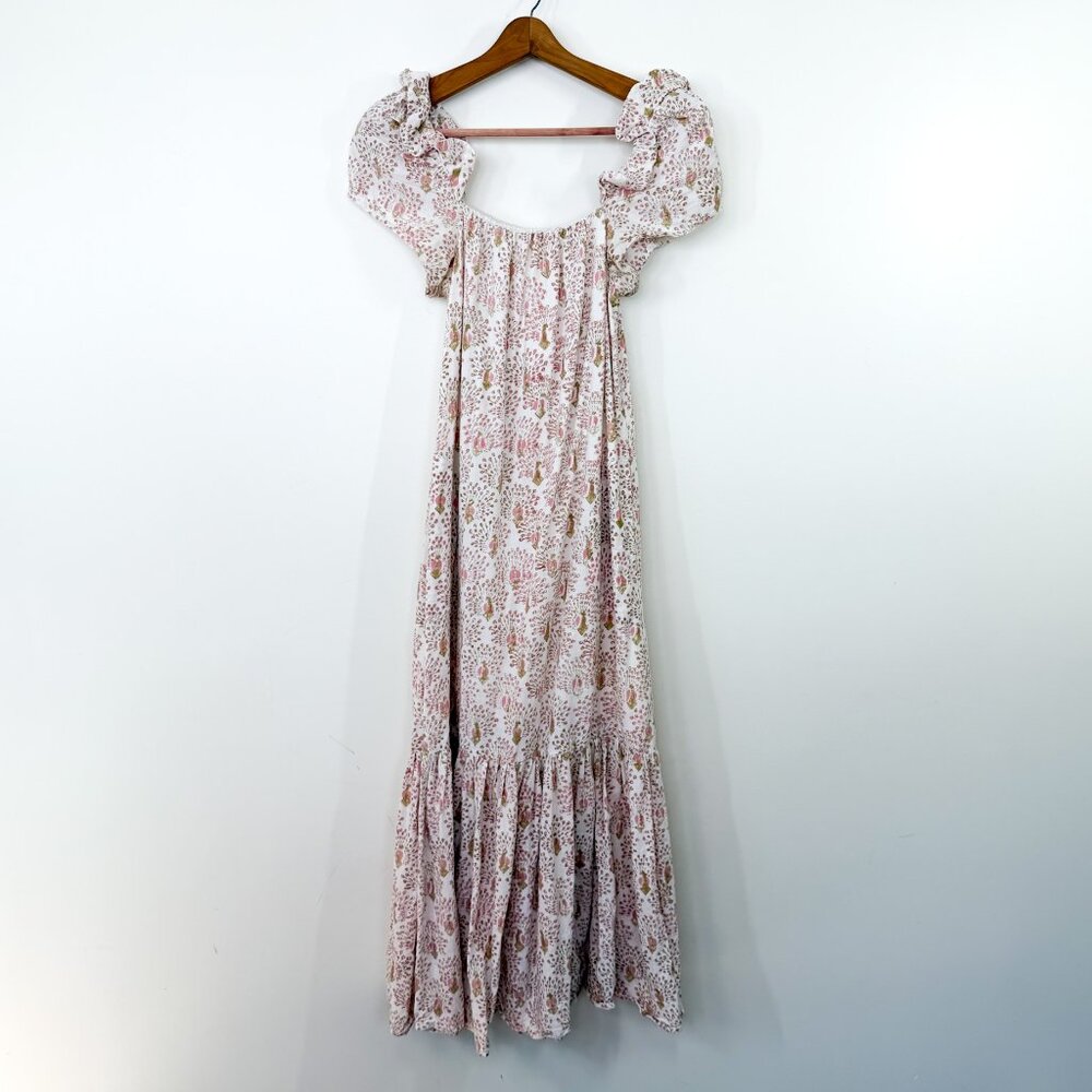Mirth Indian Cotton Off the Shoulder Peacock Print Ruffle Hem Maxi Dress - Small
